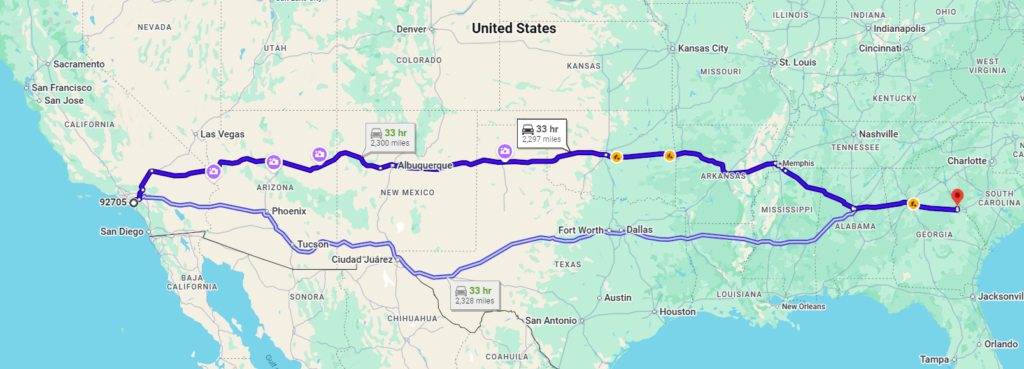 Santa Ana, CA 92705, USA to Appling, Georgia 30802, USA