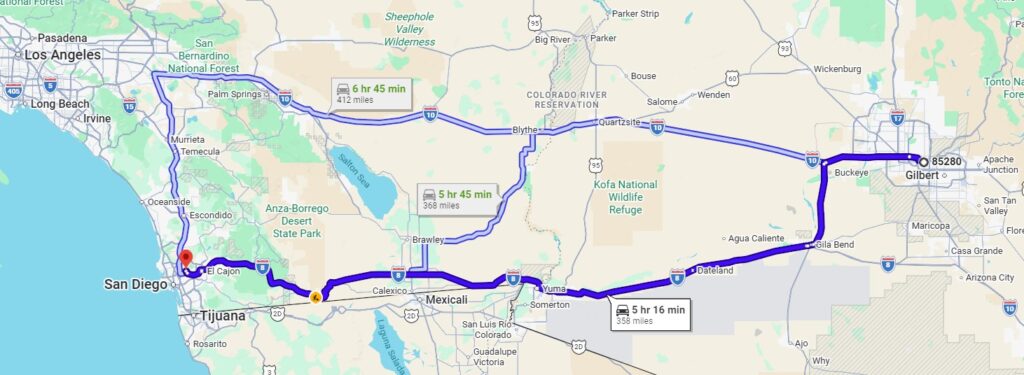 Tempe, AZ, 85280 to San Diego, CA, 92120