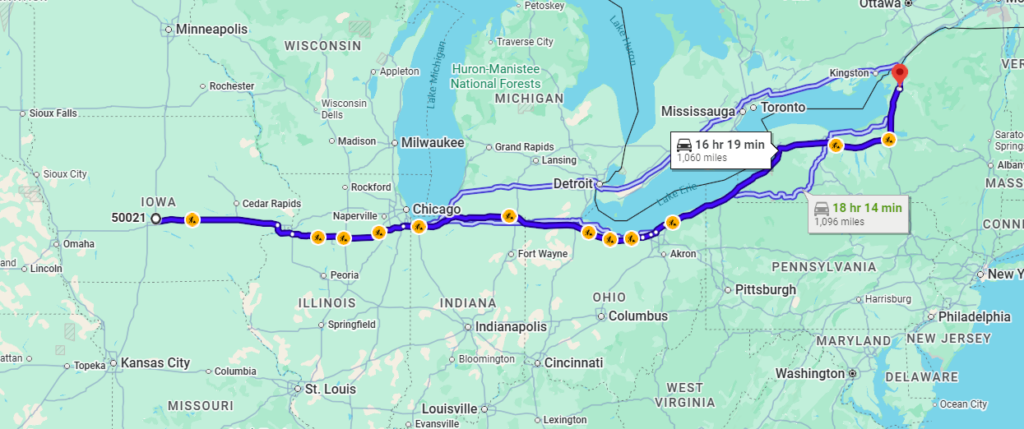 Ankeny, IA, 50021 to Watertown, NY, 13601