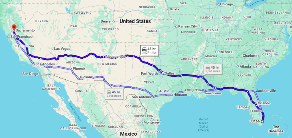 Doral, FL, 33166 to Elk Grove, CA, 95758