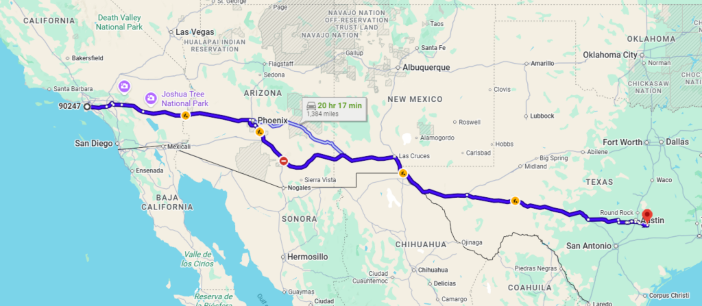 Gardena, CA, 90247 to Bastrop, TX, 78602