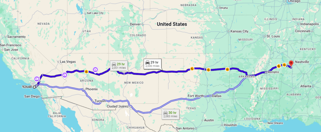Huntington Beach, CA, 92648 to Columbia, TN, 38401