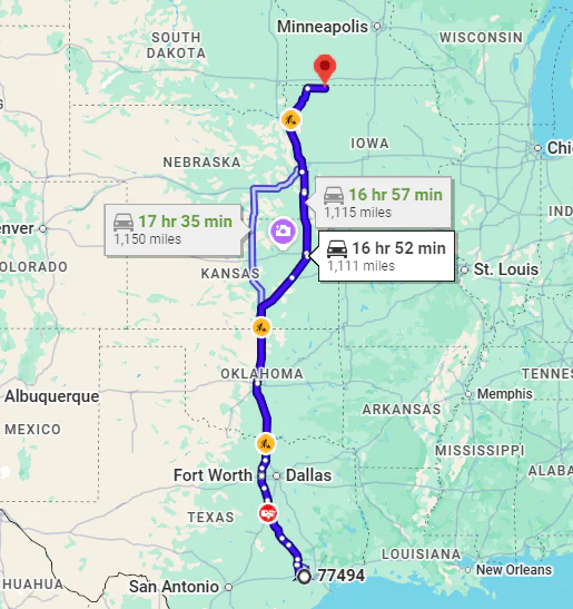 Katy, TX, 77494 to Spirit Lake, IA, 51360