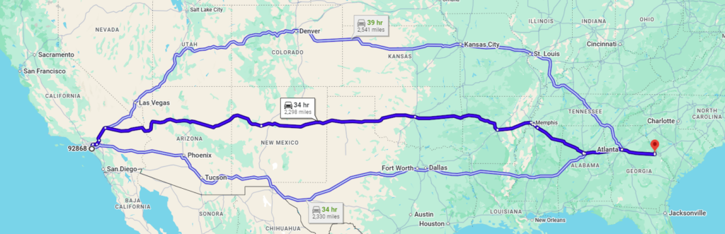 Orange, CA, 92868 to Appling, GA, 30802