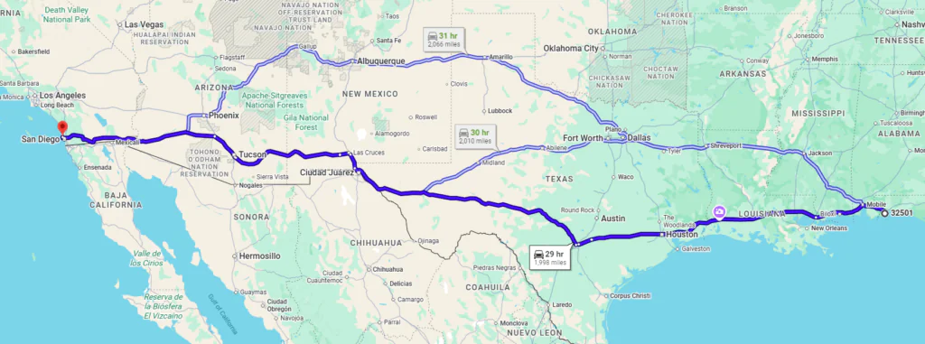 Pensacola, FL, 32501 to San Diego, CA, 92109