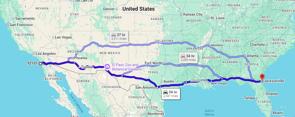 San Diego, CA, 92101 to Jacksonville, FL, 32216