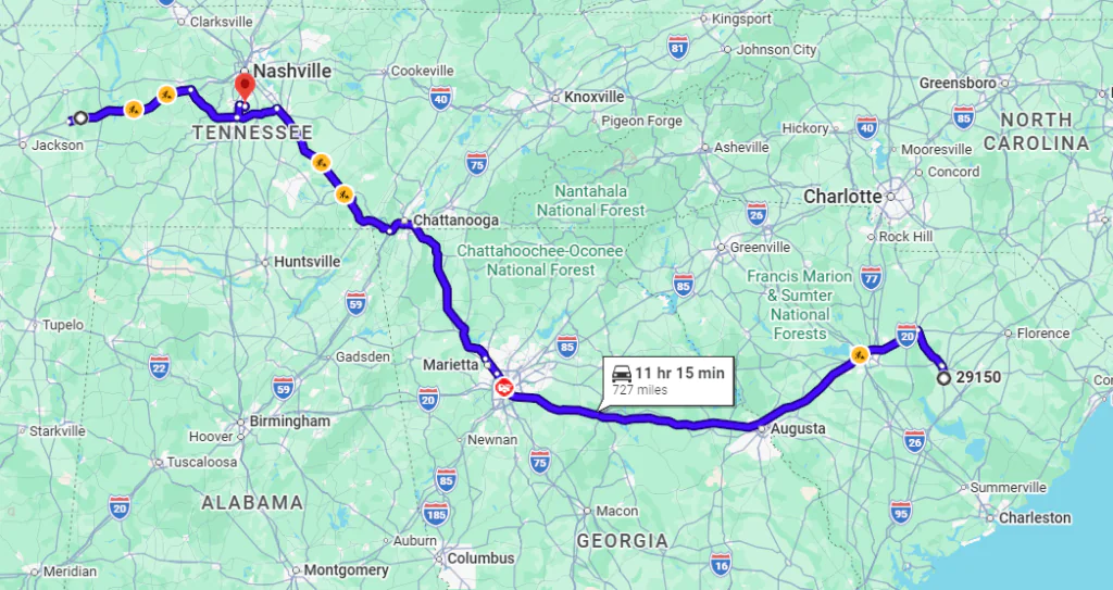 Sumter, SC, 29150 to Franklin, TN, 37067