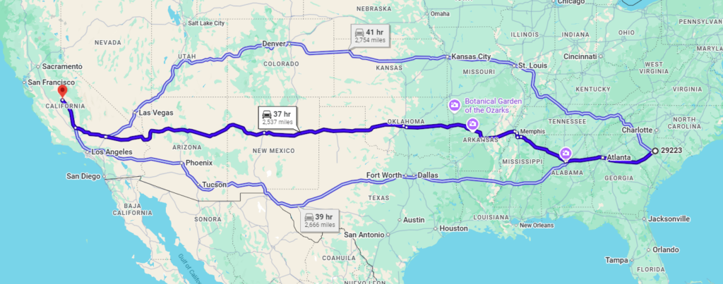 Columbia, SC, 29223 to Fresno, CA, 93722