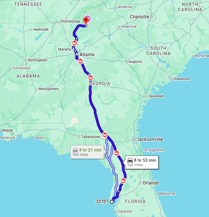 Gulfport, FL, 33707 to Blairsville, GA, 30512