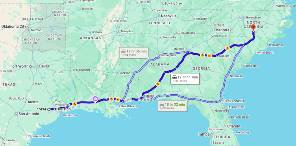 Katy, TX, 77494 to Fort Bragg, NC, 28307