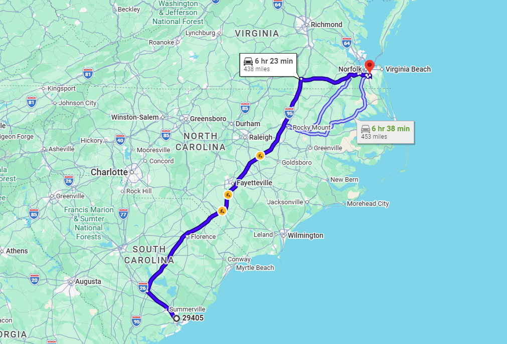 North Charleston, SC, 29405 to Chesapeake, VA, 23320