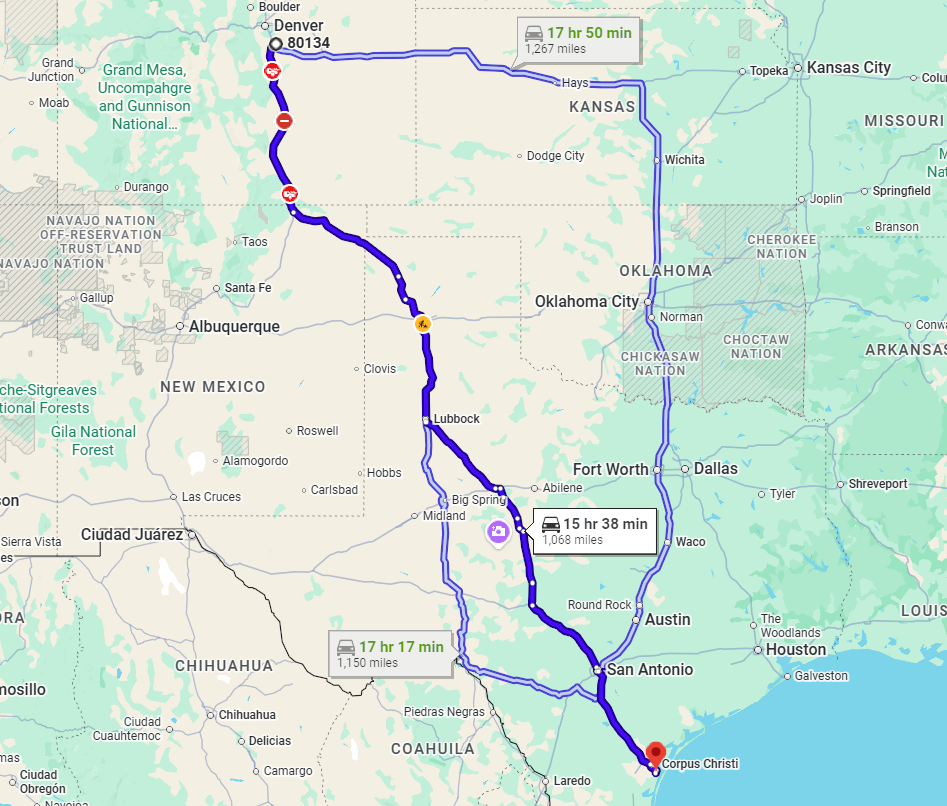 Parker, CO, 80134 to Corpus Christi, TX, 78414