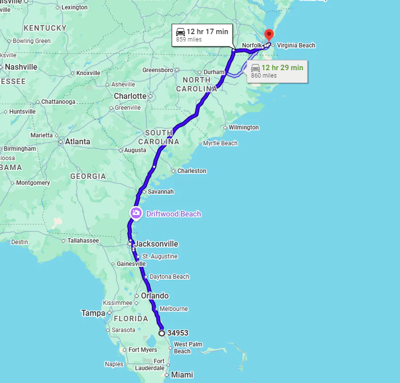 Port St. Lucie, FL, 34953 to Virginia Beach, VA, 23455