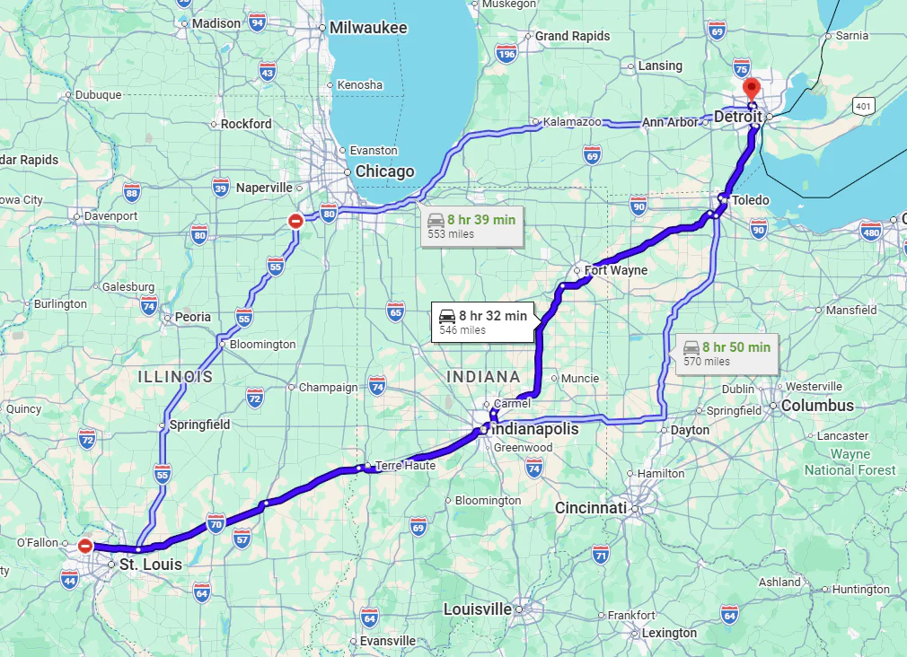 St. Charles, MO, 63301 to Detroit, MI, 48219