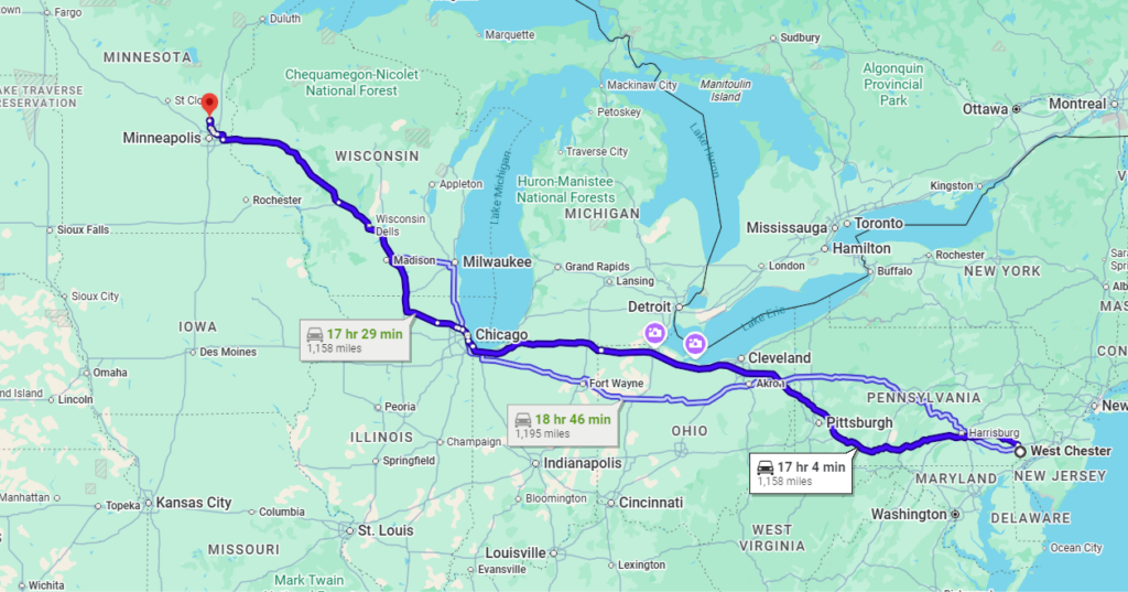 West Chester, PA, 19382 to Ham Lake, MN, 55304